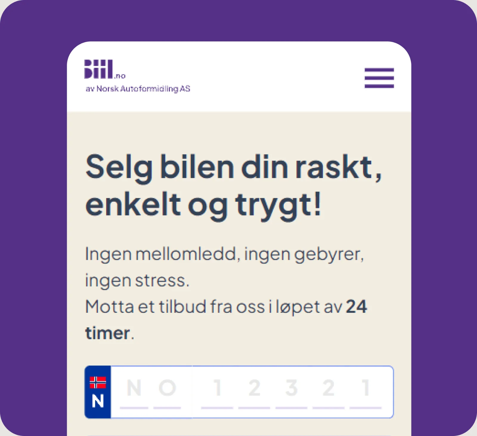 Biil.no på mobil: skriv inn registreringsnummeret