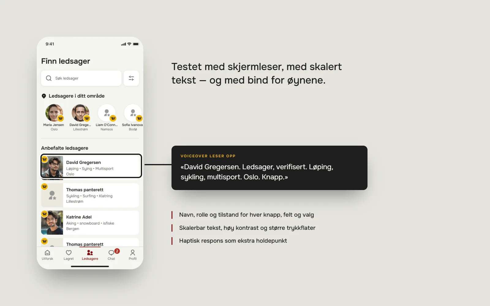 Skjermleser leser opp en ledsagerprofil