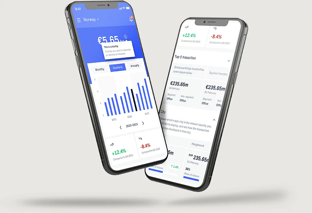 Newsec Transaction-appen på to mobiler